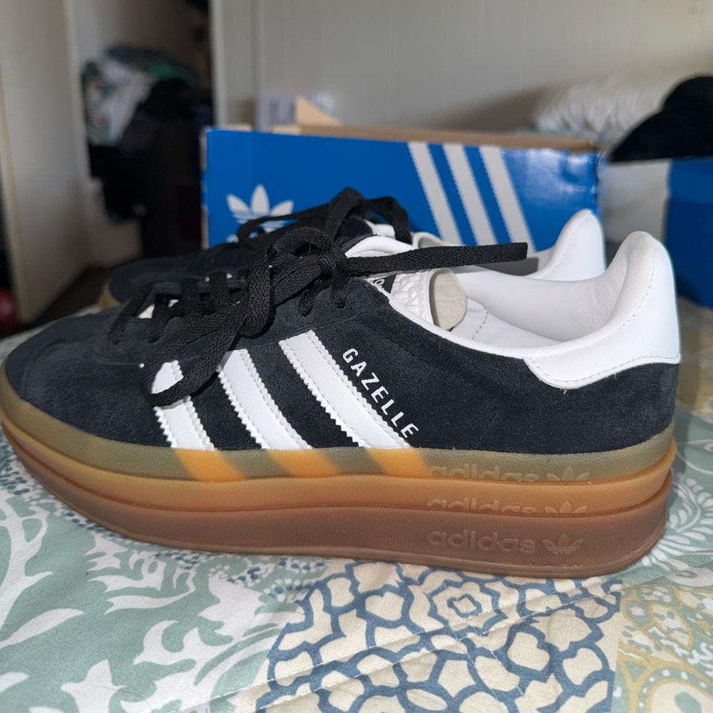 adidas Gazelle Platform Sneakers - Black with White Stripes and Gum Sole - Picture 2 of 3